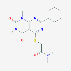 molecular formula C17H23N5O3S B2411601 2-(7-cyclohexyl-1,3-dimethyl-2,4-dioxopyrimido[4,5-d]pyrimidin-5-yl)sulfanyl-N-methylacetamide CAS No. 872621-18-6