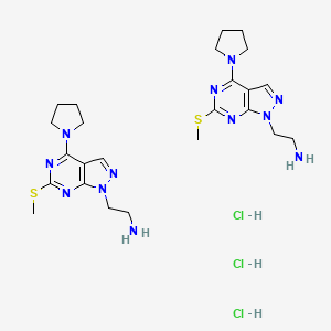bis(2-[6-(methylsulfanyl)-4-(pyrrolidin-1-yl)-1H-pyrazolo[3,4-d]pyrimidin-1-yl]ethan-1-amine) trihydrochloride