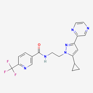 molecular formula C19H17F3N6O B2411619 N-(2-(5-cyclopropyl-3-(pyrazin-2-yl)-1H-pyrazol-1-yl)ethyl)-6-(trifluoromethyl)nicotinamide CAS No. 2034601-48-2