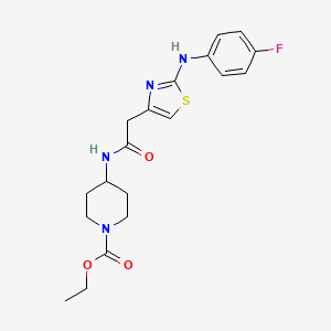 molecular formula C19H23FN4O3S B2411628 Ethyl 4-(2-(2-((4-fluorophenyl)amino)thiazol-4-yl)acetamido)piperidine-1-carboxylate CAS No. 1105211-73-1