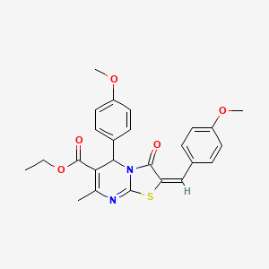 molecular formula C25H24N2O5S B2411739 (E)-乙基 2-(4-甲氧基亚苄基)-5-(4-甲氧基苯基)-7-甲基-3-氧代-3,5-二氢-2H-噻唑并[3,2-a]嘧啶-6-羧酸酯 CAS No. 154867-09-1