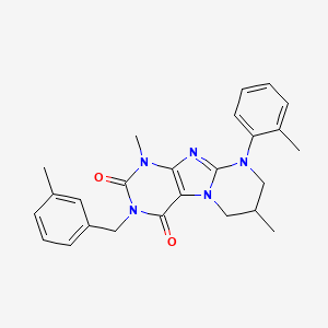 molecular formula C25H27N5O2 B2411746 1,7-dimethyl-3-(3-methylbenzyl)-9-(o-tolyl)-6,7,8,9-tetrahydropyrimido[2,1-f]purine-2,4(1H,3H)-dione CAS No. 877618-08-1