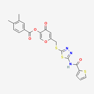 molecular formula C22H17N3O5S3 B2411777 4-oxo-6-(((5-(thiophene-2-carboxamido)-1,3,4-thiadiazol-2-yl)thio)methyl)-4H-pyran-3-yl 3,4-dimethylbenzoate CAS No. 877642-53-0