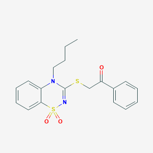 molecular formula C19H20N2O3S2 B2411779 2-((4-butyl-1,1-dioxido-4H-benzo[e][1,2,4]thiadiazin-3-yl)thio)-1-phenylethanone CAS No. 893790-37-9