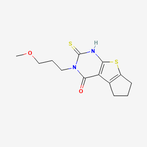 molecular formula C13H16N2O2S2 B2411810 11-(3-Methoxypropyl)-10-sulfanyl-7-thia-9,11-diazatricyclo[6.4.0.0,2,6]dodeca-1(8),2(6),9-trien-12-one CAS No. 565174-25-6
