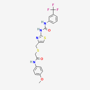 molecular formula C21H19F3N4O3S2 B2411876 N-(4-甲氧基苯基)-2-(((2-(3-(3-(三氟甲基)苯基)脲基)噻唑-4-基)甲基)硫代)乙酰胺 CAS No. 1207000-24-5