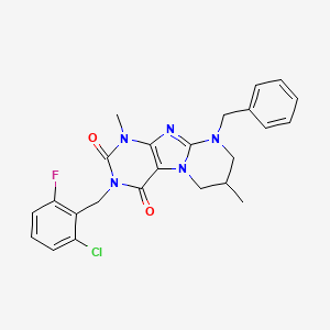 molecular formula C24H23ClFN5O2 B2411895 9-benzyl-3-(2-chloro-6-fluorobenzyl)-1,7-dimethyl-6,7,8,9-tetrahydropyrimido[2,1-f]purine-2,4(1H,3H)-dione CAS No. 876151-93-8