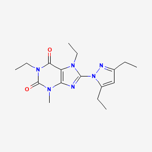 molecular formula C17H24N6O2 B2411896 8-(3,5-Diethylpyrazolyl)-1,7-diethyl-3-methyl-1,3,7-trihydropurine-2,6-dione CAS No. 1014033-23-8