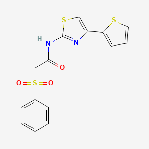 molecular formula C15H12N2O3S3 B2412072 2-(苯磺酰基)-N-(4-(噻吩-2-基)噻唑-2-基)乙酰胺 CAS No. 895455-50-2