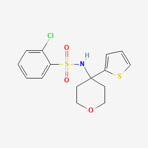 molecular formula C15H16ClNO3S2 B2412100 2-chloro-N-(4-(thiophen-2-yl)tetrahydro-2H-pyran-4-yl)benzenesulfonamide CAS No. 2034325-93-2