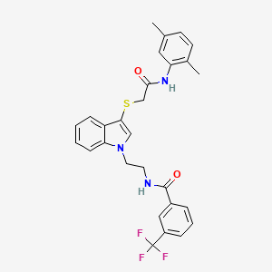 molecular formula C28H26F3N3O2S B2412119 N-[2-[3-[2-(2,5-dimethylanilino)-2-oxoethyl]sulfanylindol-1-yl]ethyl]-3-(trifluoromethyl)benzamide CAS No. 443333-63-9