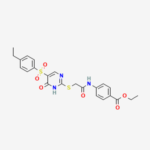 molecular formula C23H23N3O6S2 B2412132 Ethyl 4-{[({5-[(4-ethylphenyl)sulfonyl]-6-oxo-1,6-dihydropyrimidin-2-yl}thio)acetyl]amino}benzoate CAS No. 1223823-00-4