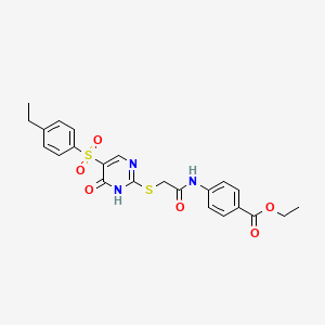 molecular formula C23H23N3O6S2 B2412132 4-{[({5-[(4-乙基苯基)磺酰基]-6-氧代-1,6-二氢嘧啶-2-基}硫代)乙酰基]氨基}苯甲酸乙酯 CAS No. 1223823-00-4