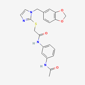 molecular formula C21H20N4O4S B2412336 N-(3-acetamidophenyl)-2-((1-(benzo[d][1,3]dioxol-5-ylmethyl)-1H-imidazol-2-yl)thio)acetamide CAS No. 872590-19-7