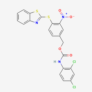 molecular formula C21H13Cl2N3O4S2 B2412359 [4-(1,3-benzothiazol-2-ylsulfanyl)-3-nitrophenyl]methyl N-(2,4-dichlorophenyl)carbamate CAS No. 338393-83-2