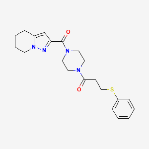 molecular formula C21H26N4O2S B2412497 3-(Phenylthio)-1-(4-(4,5,6,7-tetrahydropyrazolo[1,5-a]pyridine-2-carbonyl)piperazin-1-yl)propan-1-one CAS No. 1904282-41-2