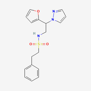 molecular formula C17H19N3O3S B2412634 N-(2-(furan-2-yl)-2-(1H-pyrazol-1-yl)ethyl)-2-phenylethanesulfonamide CAS No. 2034567-30-9