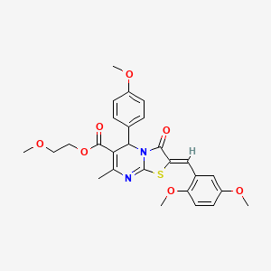 molecular formula C27H28N2O7S B2412690 (Z)-2-methoxyethyl 2-(2,5-dimethoxybenzylidene)-5-(4-methoxyphenyl)-7-methyl-3-oxo-3,5-dihydro-2H-thiazolo[3,2-a]pyrimidine-6-carboxylate CAS No. 537685-41-9