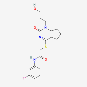 molecular formula C18H20FN3O3S B2412730 N-(3-氟苯基)-2-((1-(3-羟基丙基)-2-氧代-2,5,6,7-四氢-1H-环戊[d]嘧啶-4-基)硫代)乙酰胺 CAS No. 941979-30-2