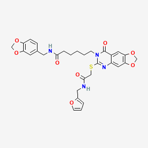 molecular formula C30H30N4O8S B2412750 N-(1,3-苯并二氧杂环-5-基甲基)-6-[6-({2-[(2-呋喃甲基)氨基]-2-氧代乙基}硫代)-8-氧代[1,3]二氧杂环[4,5-g]喹唑啉-7(8H)-基]己酰胺 CAS No. 688061-31-6