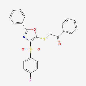 molecular formula C23H16FNO4S2 B2412751 2-((4-((4-Fluorophenyl)sulfonyl)-2-phenyloxazol-5-yl)thio)-1-phenylethanone CAS No. 850926-11-3