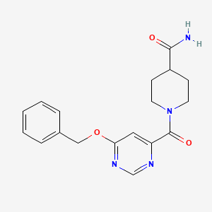 molecular formula C18H20N4O3 B2412854 1-(6-(苄氧基)嘧啶-4-羰基)哌啶-4-甲酰胺 CAS No. 2034580-92-0