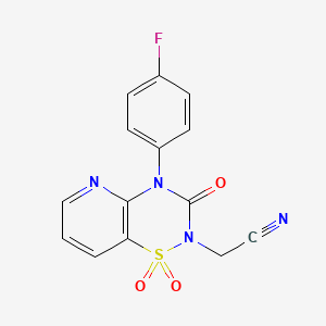 molecular formula C14H9FN4O3S B2412867 2-(4-(4-fluorophenyl)-1,1-dioxido-3-oxo-3,4-dihydro-2H-pyrido[2,3-e][1,2,4]thiadiazin-2-yl)acetonitrile CAS No. 1251622-52-2