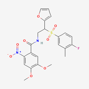 molecular formula C22H21FN2O8S B2412877 N-(2-((4-fluoro-3-methylphenyl)sulfonyl)-2-(furan-2-yl)ethyl)-4,5-dimethoxy-2-nitrobenzamide CAS No. 897620-44-9