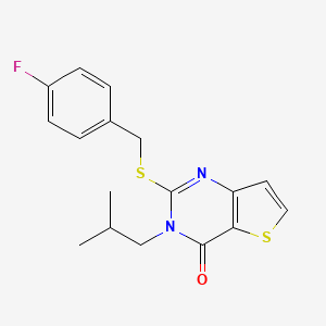 molecular formula C17H17FN2OS2 B2412990 2-((4-fluorobenzyl)thio)-3-isobutylthieno[3,2-d]pyrimidin-4(3H)-one CAS No. 1787902-73-1