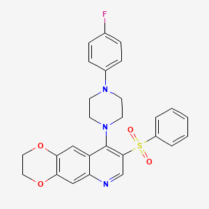 molecular formula C27H24FN3O4S B2413047 9-(4-(4-Fluorophenyl)piperazin-1-yl)-8-(phenylsulfonyl)-2,3-dihydro-[1,4]dioxino[2,3-g]quinoline CAS No. 866812-08-0