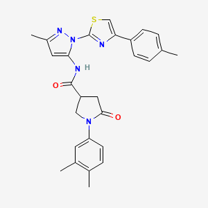 molecular formula C27H27N5O2S B2413093 1-(3,4-dimethylphenyl)-N-(3-methyl-1-(4-(p-tolyl)thiazol-2-yl)-1H-pyrazol-5-yl)-5-oxopyrrolidine-3-carboxamide CAS No. 1019103-40-2