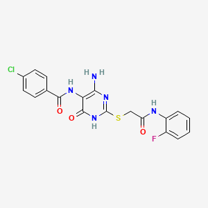 molecular formula C19H15ClFN5O3S B2413104 N-(4-amino-2-((2-((2-fluorophenyl)amino)-2-oxoethyl)thio)-6-oxo-1,6-dihydropyrimidin-5-yl)-4-chlorobenzamide CAS No. 888432-89-1