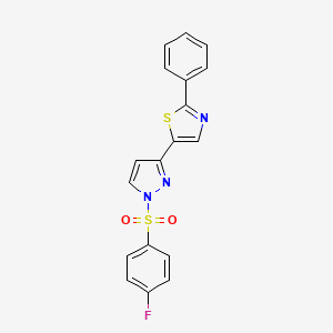 molecular formula C18H12FN3O2S2 B2413109 5-[1-(4-Fluorophenyl)sulfonyl-3-pyrazolyl]-2-phenylthiazole CAS No. 318255-93-5
