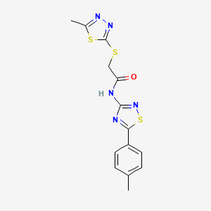 molecular formula C14H13N5OS3 B2413161 N-[5-(4-甲基苯基)-1,2,4-噻二唑-3-基]-2-[(5-甲基-1,3,4-噻二唑-2-基)硫代]乙酰胺 CAS No. 892225-11-5