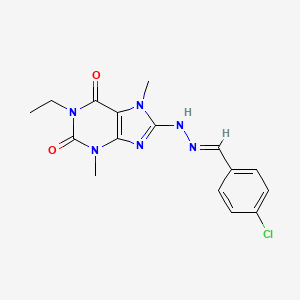 molecular formula C16H17ClN6O2 B2413182 (E)-8-(2-(4-chlorobenzylidene)hydrazinyl)-1-ethyl-3,7-dimethyl-1H-purine-2,6(3H,7H)-dione CAS No. 1203432-95-4