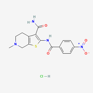 molecular formula C16H17ClN4O4S B2413299 6-Methyl-2-(4-nitrobenzamido)-4,5,6,7-tetrahydrothieno[2,3-c]pyridine-3-carboxamide hydrochloride CAS No. 1215853-43-2