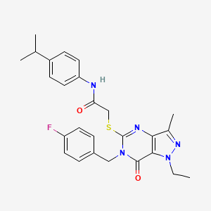 molecular formula C26H28FN5O2S B2413311 2-((1-ethyl-6-(4-氟苄基)-3-甲基-7-氧代-6,7-二氢-1H-吡唑并[4,3-d]嘧啶-5-基)硫代)-N-(4-异丙基苯基)乙酰胺 CAS No. 1359218-41-9