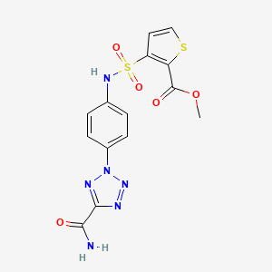 molecular formula C14H12N6O5S2 B2413340 3-(N-(4-(5-氨基甲酰基-2H-四唑-2-基)苯基)磺酰胺基)噻吩-2-甲酸甲酯 CAS No. 1396636-35-3