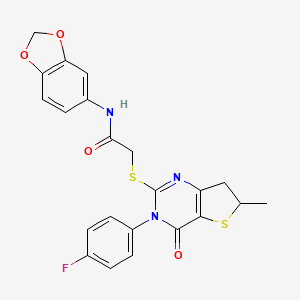 molecular formula C22H18FN3O4S2 B2413363 N-(苯并[d][1,3]二氧杂环-5-基)-2-((3-(4-氟苯基)-6-甲基-4-氧代-3,4,6,7-四氢噻吩并[3,2-d]嘧啶-2-基)硫代)乙酰胺 CAS No. 862825-55-6