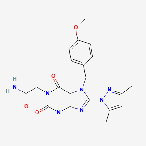 molecular formula C21H23N7O4 B2413386 2-(8-(3,5-dimethyl-1H-pyrazol-1-yl)-7-(4-methoxybenzyl)-3-methyl-2,6-dioxo-2,3,6,7-tetrahydro-1H-purin-1-yl)acetamide CAS No. 1171059-72-5