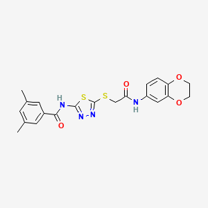 molecular formula C21H20N4O4S2 B2413433 N-(5-((2-((2,3-dihydrobenzo[b][1,4]dioxin-6-yl)amino)-2-oxoethyl)thio)-1,3,4-thiadiazol-2-yl)-3,5-dimethylbenzamide CAS No. 868974-15-6