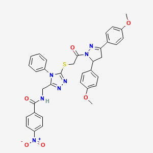 molecular formula C35H31N7O6S B2413452 N-((5-((2-(3,5-bis(4-methoxyphenyl)-4,5-dihydro-1H-pyrazol-1-yl)-2-oxoethyl)thio)-4-phenyl-4H-1,2,4-triazol-3-yl)methyl)-4-nitrobenzamide CAS No. 362503-90-0