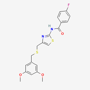 molecular formula C20H19FN2O3S2 B2413470 N-(4-(((3,5-dimethoxybenzyl)thio)methyl)thiazol-2-yl)-4-fluorobenzamide CAS No. 941973-86-0