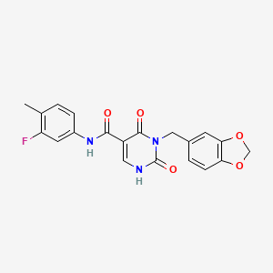 molecular formula C20H16FN3O5 B2413509 3-(benzo[d][1,3]dioxol-5-ylmethyl)-N-(3-fluoro-4-methylphenyl)-2,4-dioxo-1,2,3,4-tetrahydropyrimidine-5-carboxamide CAS No. 1421494-25-8