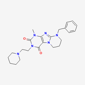 molecular formula C23H30N6O2 B2413608 9-benzyl-1-methyl-3-(2-(piperidin-1-yl)ethyl)-6,7,8,9-tetrahydropyrimido[2,1-f]purine-2,4(1H,3H)-dione CAS No. 923482-30-8