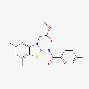 molecular formula C19H17FN2O3S B2413649 Methyl 2-[2-(4-fluorobenzoyl)imino-5,7-dimethyl-1,3-benzothiazol-3-yl]acetate CAS No. 1321794-63-1