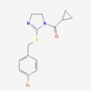 molecular formula C14H15BrN2OS B2413663 [2-[(4-Bromophenyl)methylsulfanyl]-4,5-dihydroimidazol-1-yl]-cyclopropylmethanone CAS No. 851800-36-7