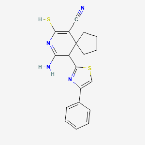 molecular formula C19H18N4S2 B2413785 9-Imino-10-(4-phenyl-1,3-thiazol-2-yl)-7-sulfanyl-8-azaspiro[4.5]dec-6-ene-6-carbonitrile CAS No. 852400-06-7