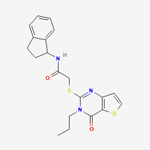 molecular formula C20H21N3O2S2 B2413801 N-(2,3-dihydro-1H-inden-1-yl)-2-[(4-oxo-3-propyl-3,4-dihydrothieno[3,2-d]pyrimidin-2-yl)sulfanyl]acetamide CAS No. 1252860-54-0