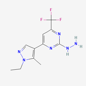 molecular formula C11H13F3N6 B2413816 4-(1-ethyl-5-methyl-1H-pyrazol-4-yl)-2-hydrazinyl-6-(trifluoromethyl)pyrimidine CAS No. 1006320-20-2